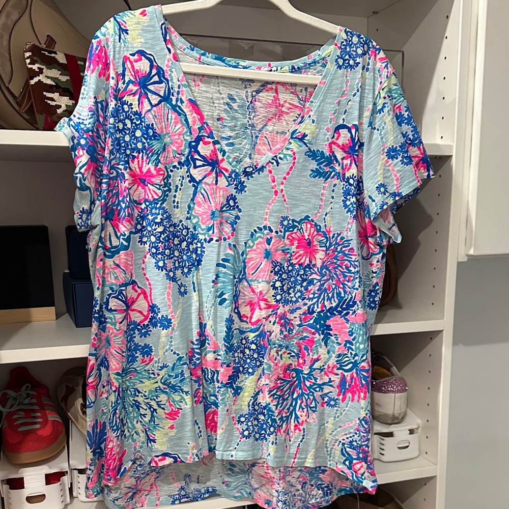 Lilly Pulitzer Blue and Pink Floral Short Sleeve Top